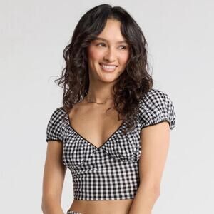 Abound Black and White Crop top Cap Sleeve Checks Gingham Coquette Preppy XL